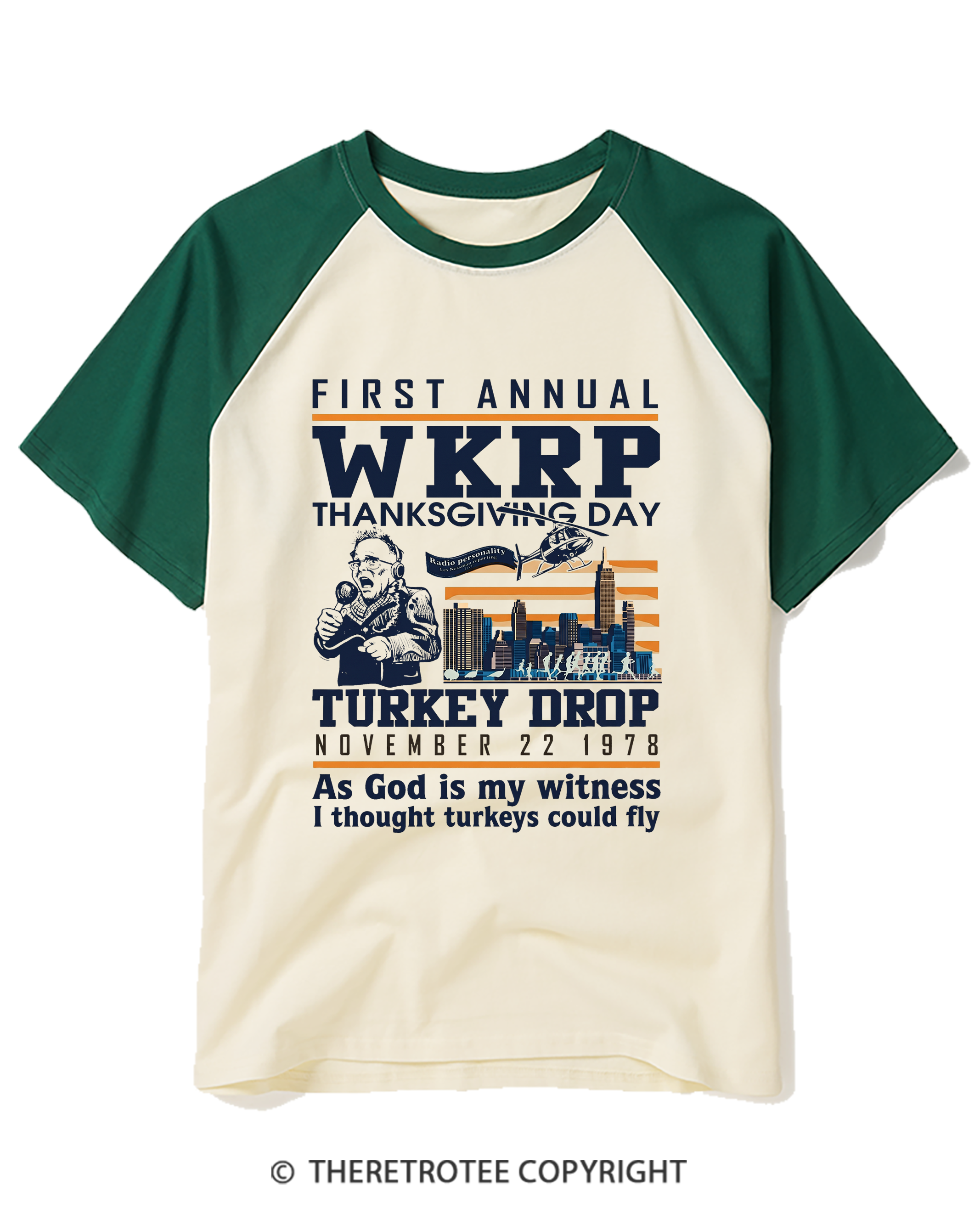 TheRetroTee Vintage 1978 WKRP Thanksgiving Day Turkey Drop Raglan Baseball T-Shirt
