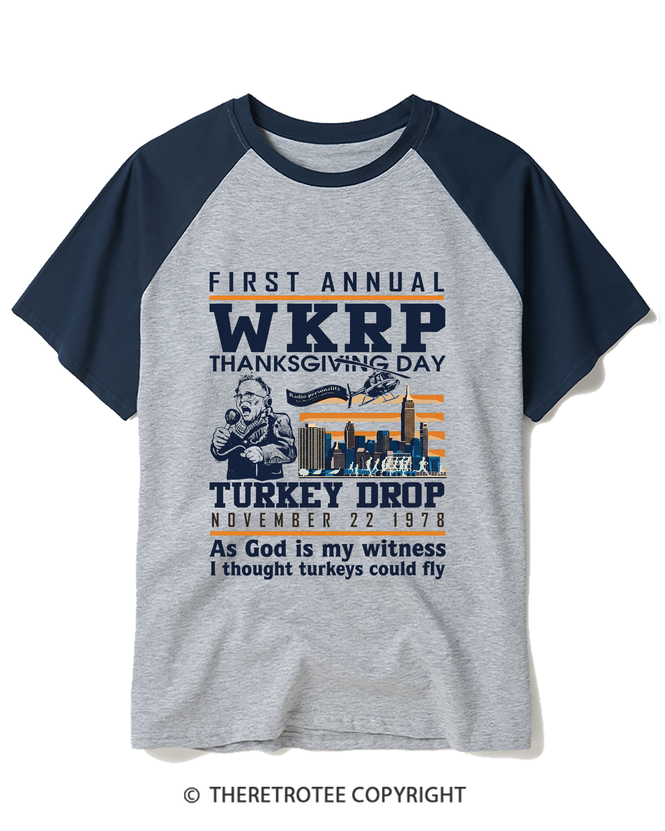 TheRetroTee Vintage 1978 WKRP Thanksgiving Day Turkey Drop Raglan Baseball T-Shirt