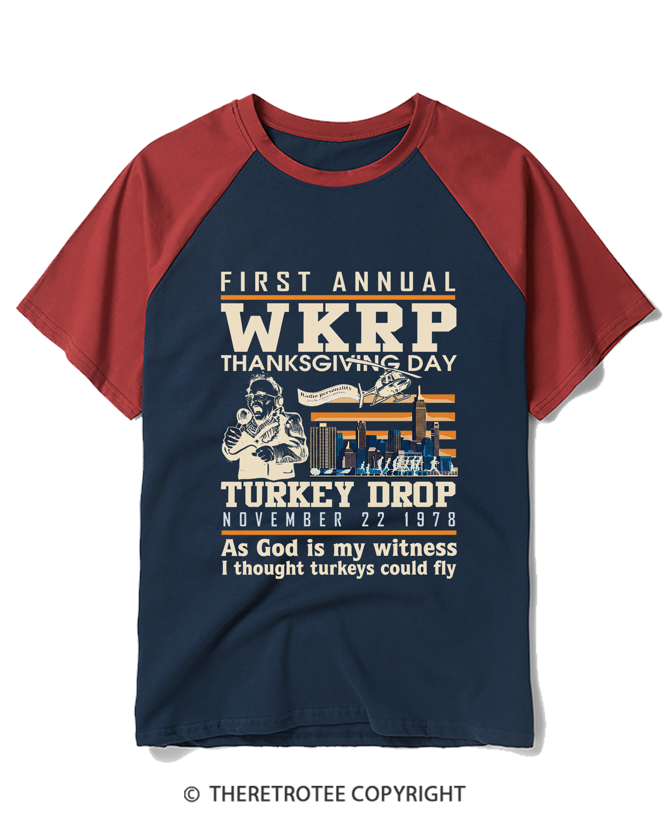 TheRetroTee Vintage 1978 WKRP Thanksgiving Day Turkey Drop Raglan Baseball T-Shirt
