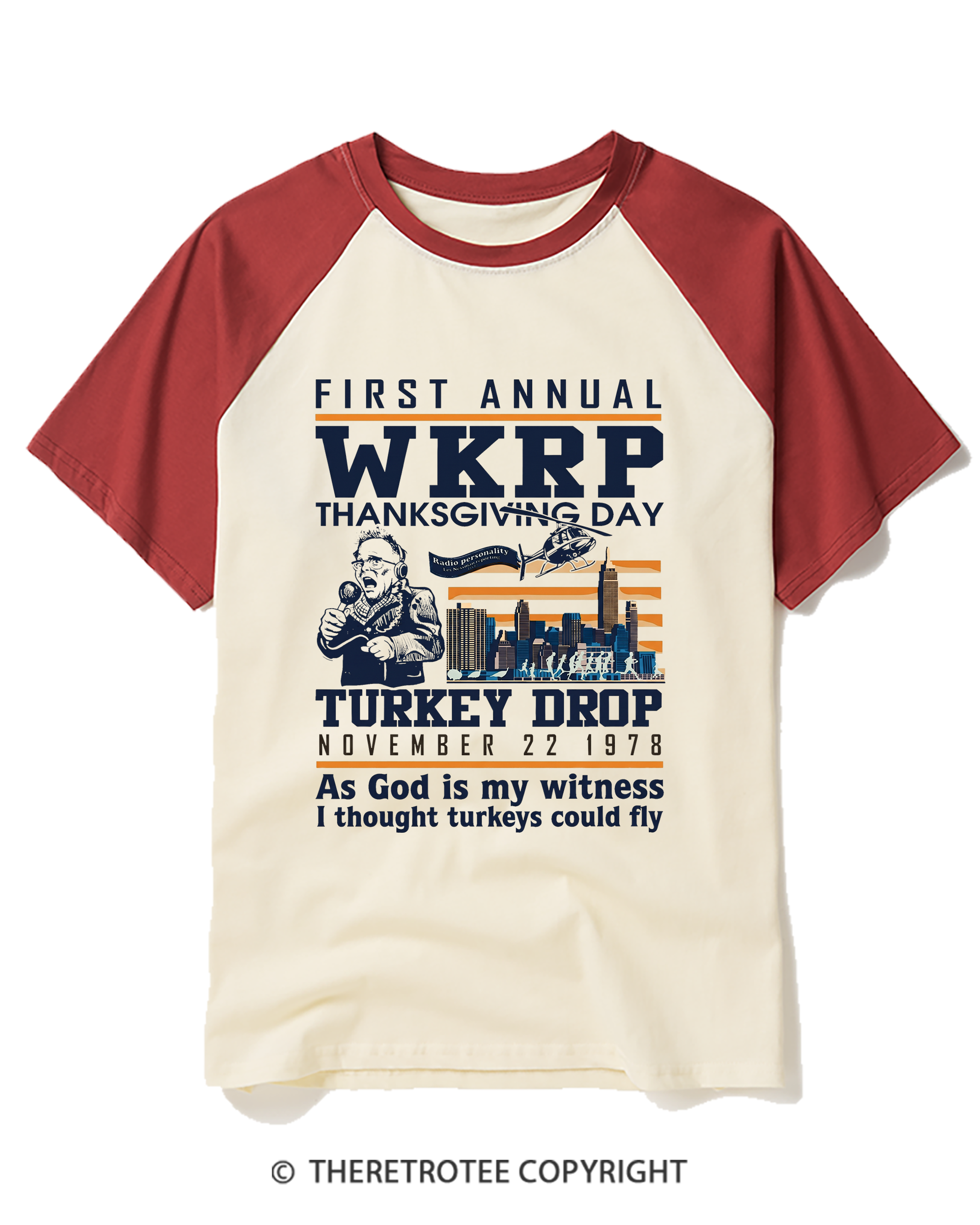 TheRetroTee Vintage 1978 WKRP Thanksgiving Day Turkey Drop Raglan Baseball T-Shirt