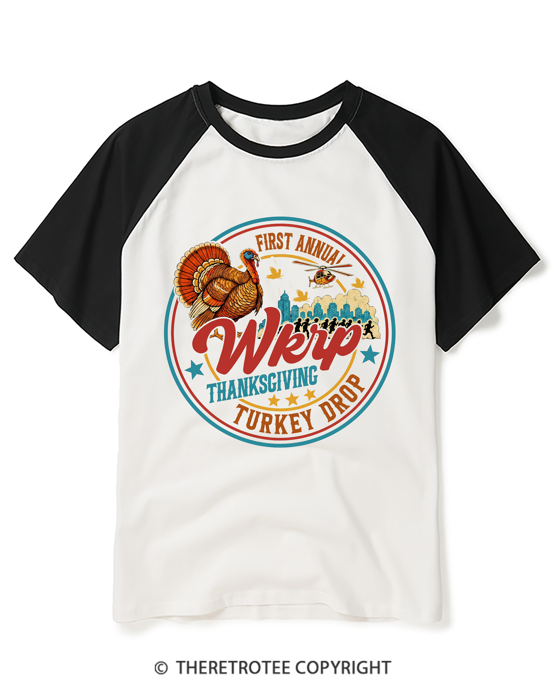 TheRetroTee Vintage First Annual WKRP Thanksgiving Air Drop Raglan Baseball T-Shirt