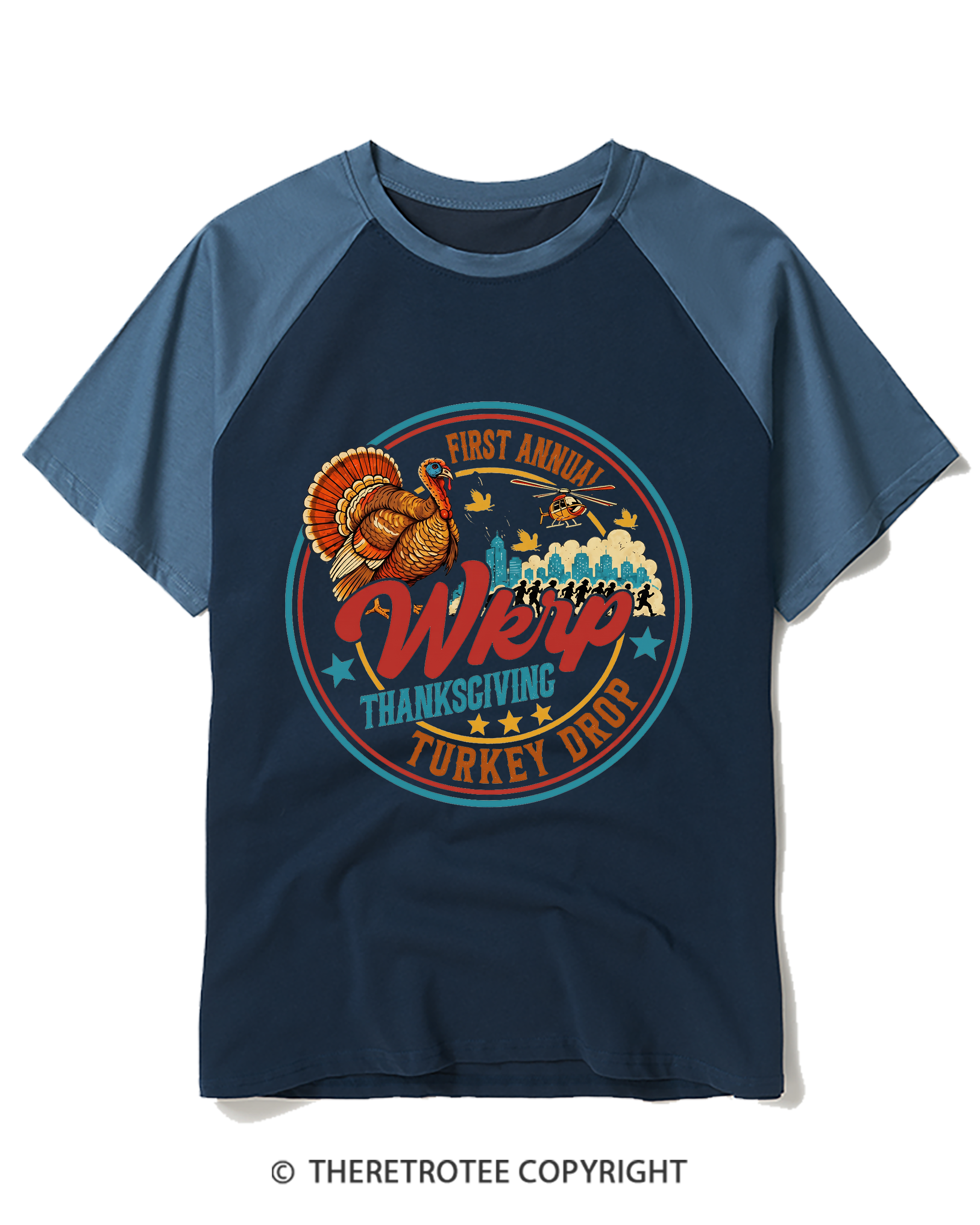 TheRetroTee Vintage First Annual WKRP Thanksgiving Air Drop Raglan Baseball T-Shirt
