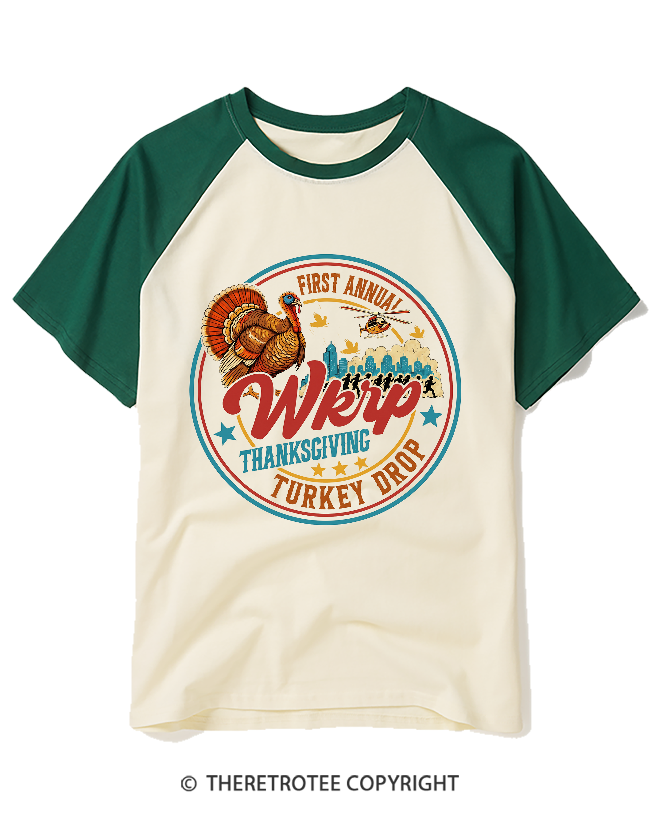 TheRetroTee Vintage First Annual WKRP Thanksgiving Air Drop Raglan Baseball T-Shirt