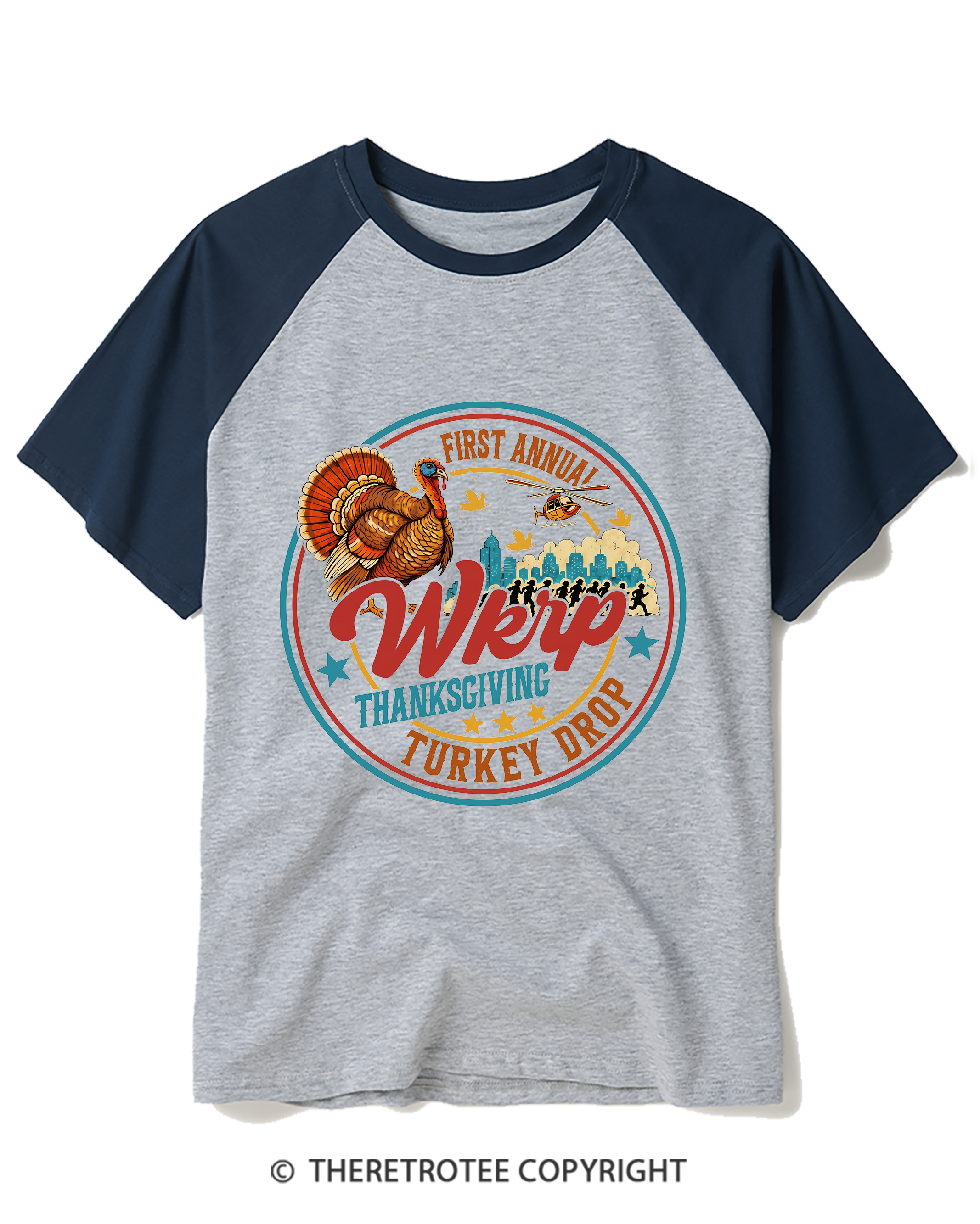 TheRetroTee Vintage First Annual WKRP Thanksgiving Air Drop Raglan Baseball T-Shirt