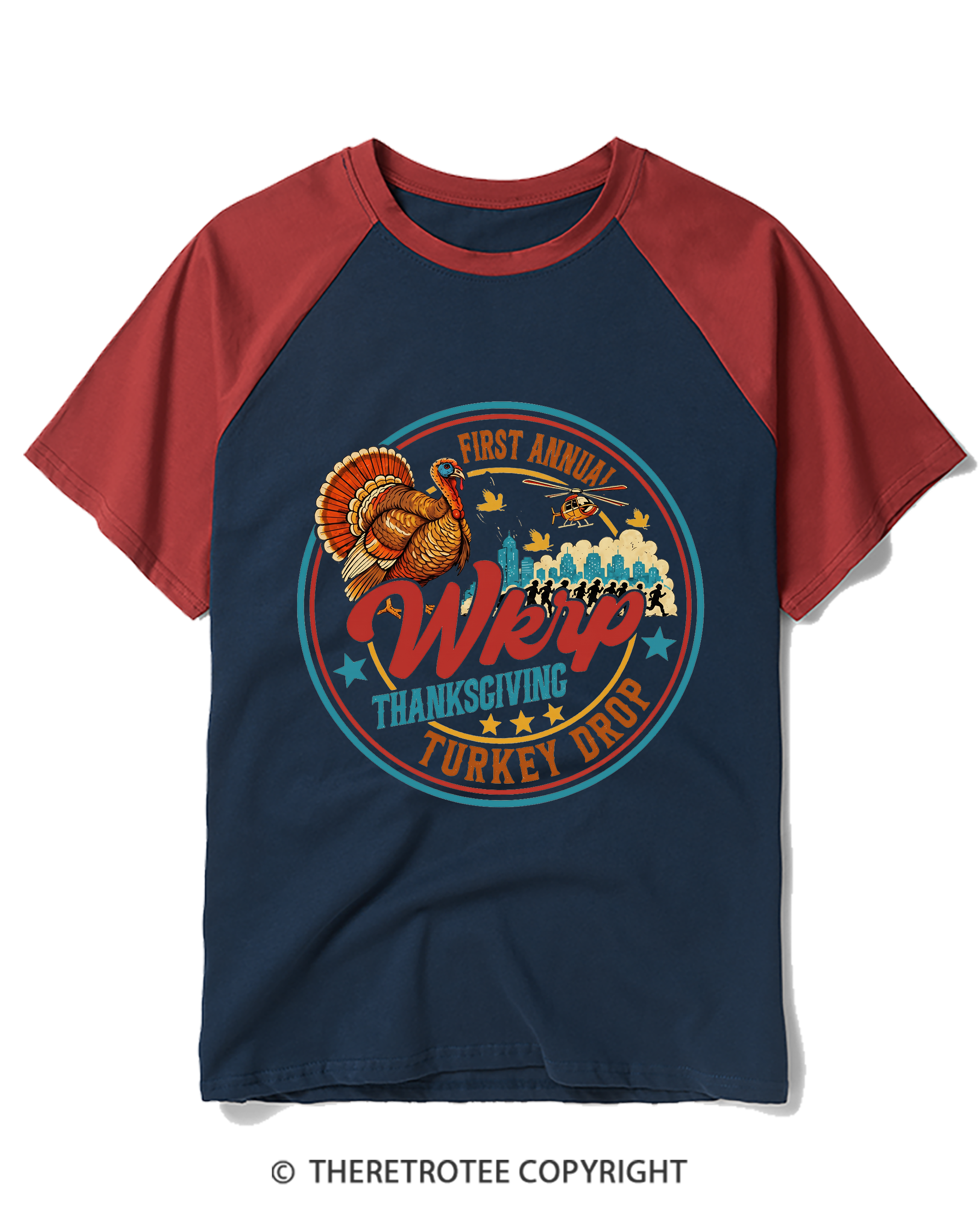 TheRetroTee Vintage First Annual WKRP Thanksgiving Air Drop Raglan Baseball T-Shirt