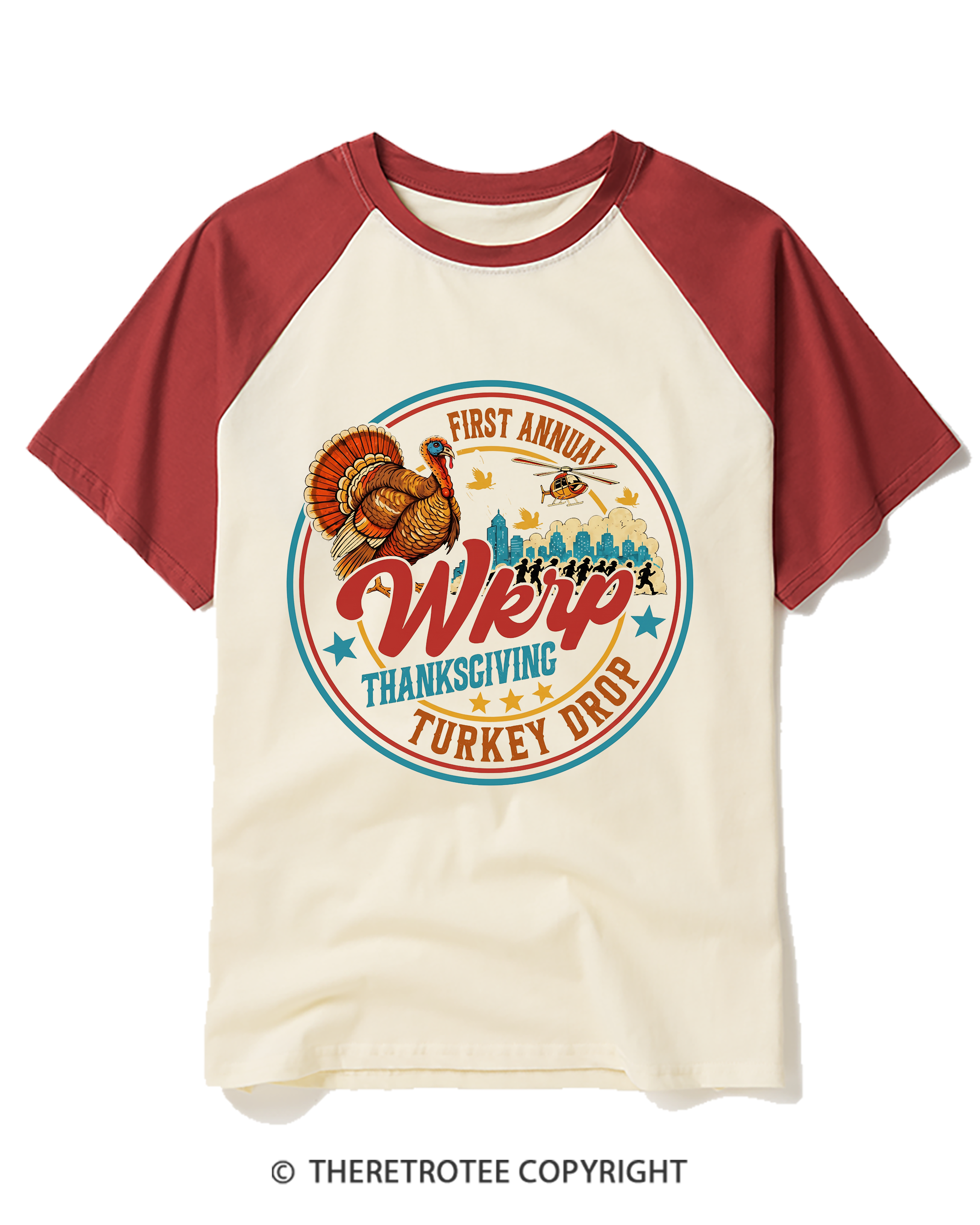 TheRetroTee Vintage First Annual WKRP Thanksgiving Air Drop Raglan Baseball T-Shirt