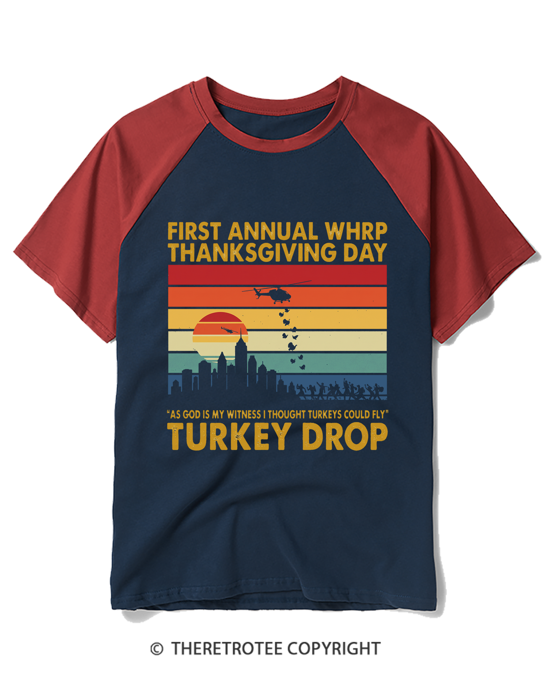 TheRetroTee Vintage 1978 Flying Turkeys Thanksgiving Broadcast Raglan Baseball T-Shirt