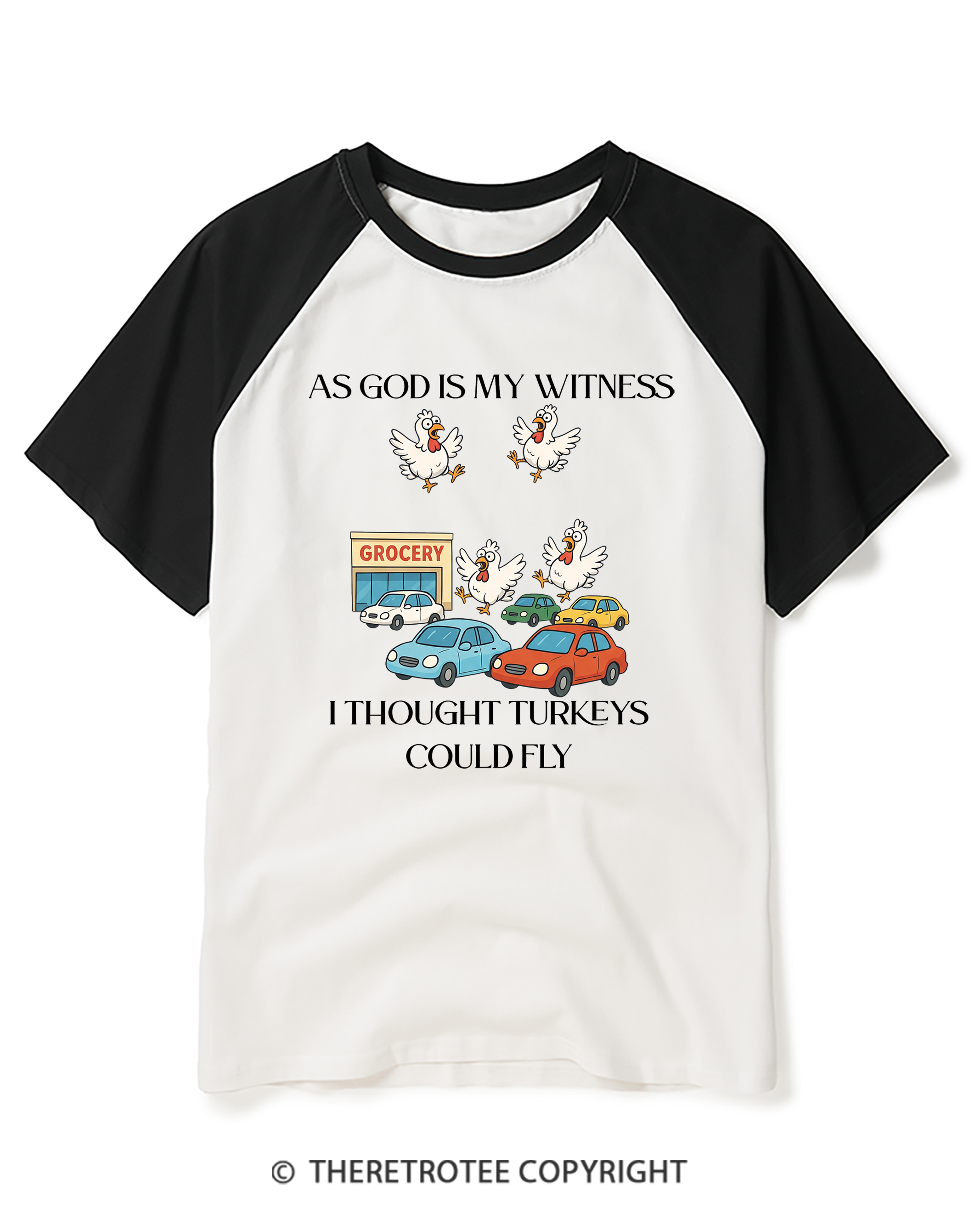 TheRetroTee Vintage As God Is My Witness Flying Turkeys Raglan Baseball T-Shirt