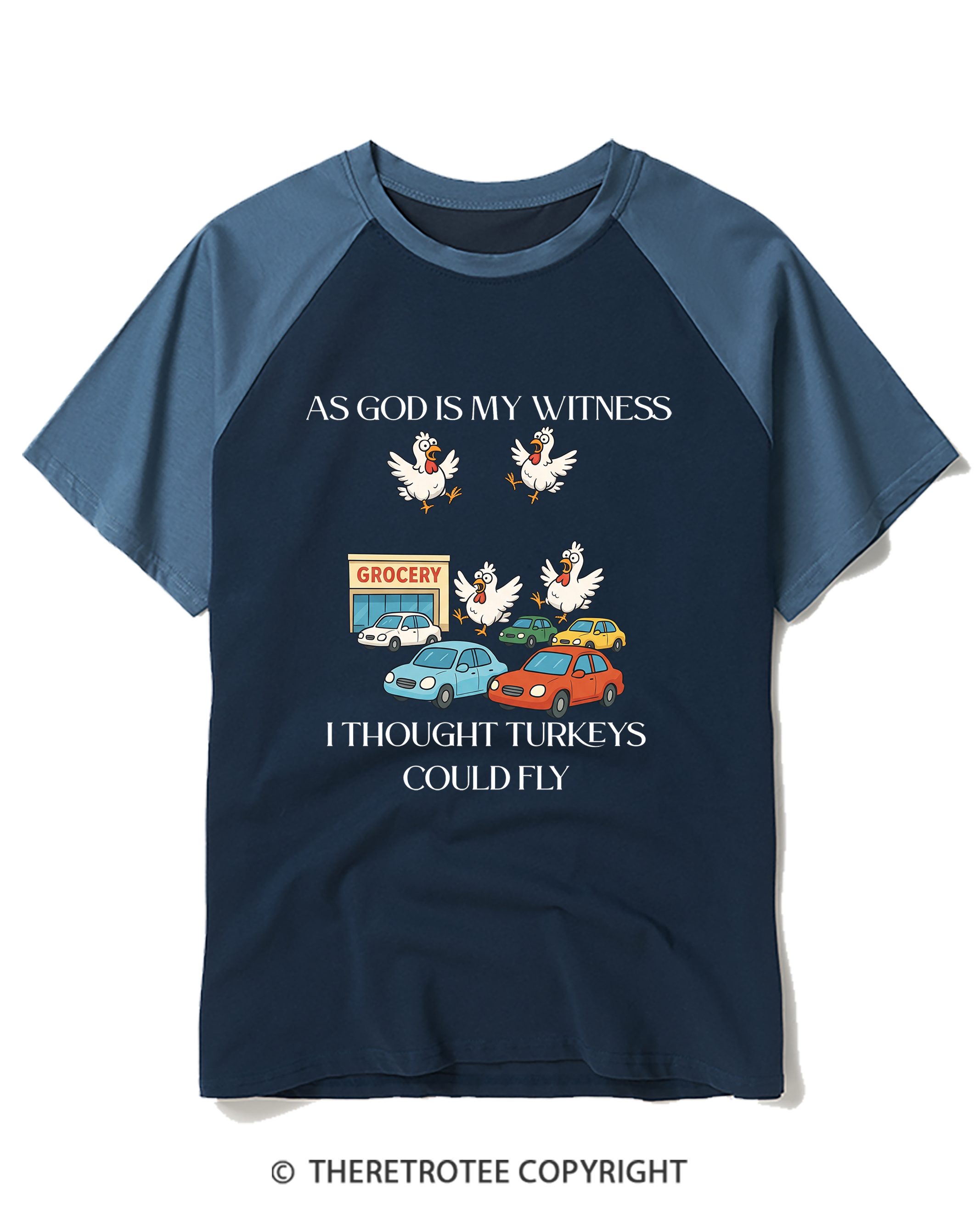 TheRetroTee Vintage As God Is My Witness Flying Turkeys Raglan Baseball T-Shirt