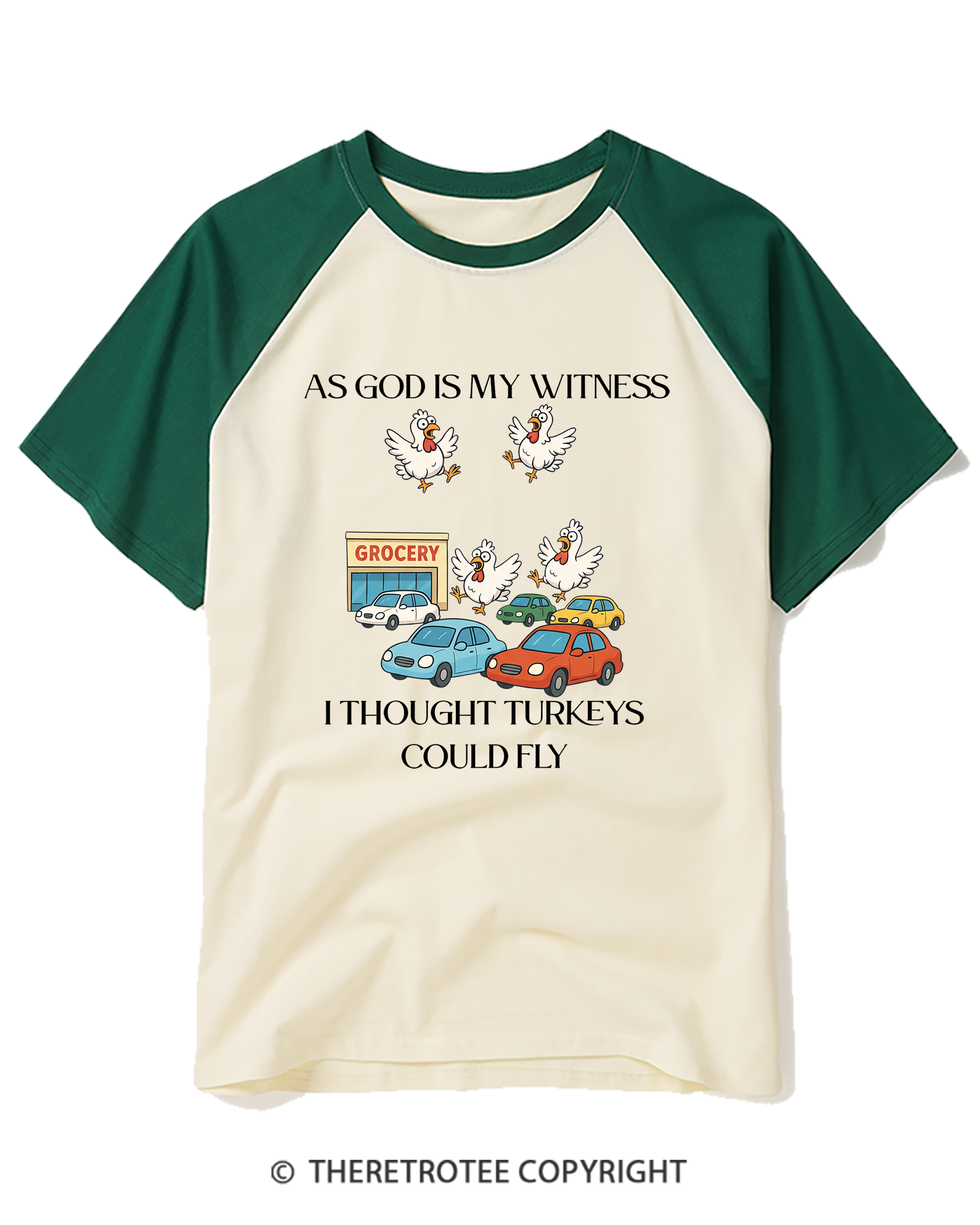 TheRetroTee Vintage As God Is My Witness Flying Turkeys Raglan Baseball T-Shirt