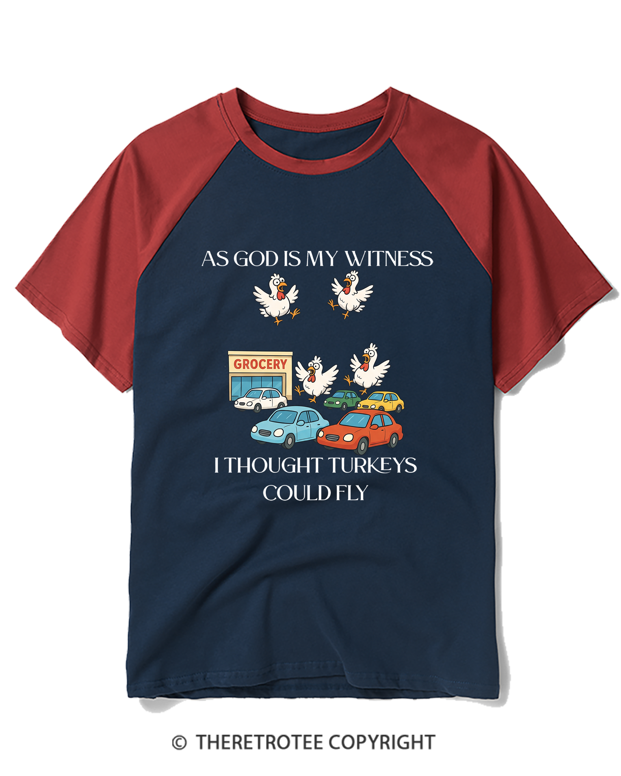 TheRetroTee Vintage As God Is My Witness Flying Turkeys Raglan Baseball T-Shirt