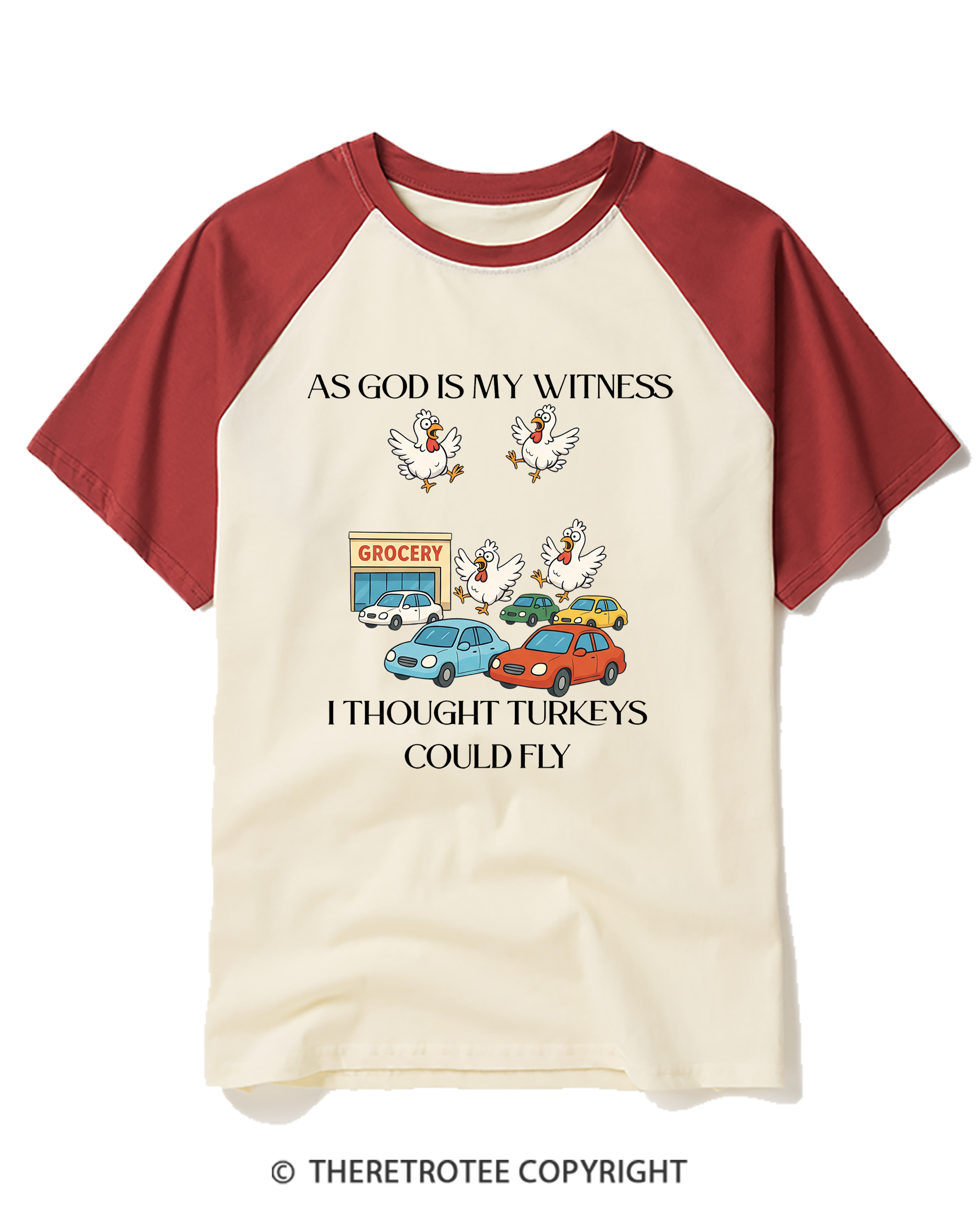 TheRetroTee Vintage As God Is My Witness Flying Turkeys Raglan Baseball T-Shirt