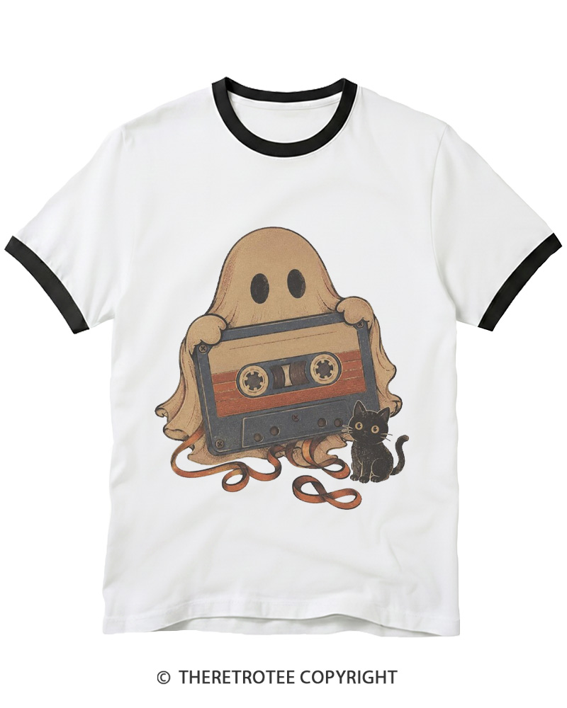 TheRetroTee Ghost Cassette Tape Halloween 1980s Ringer T-shirt