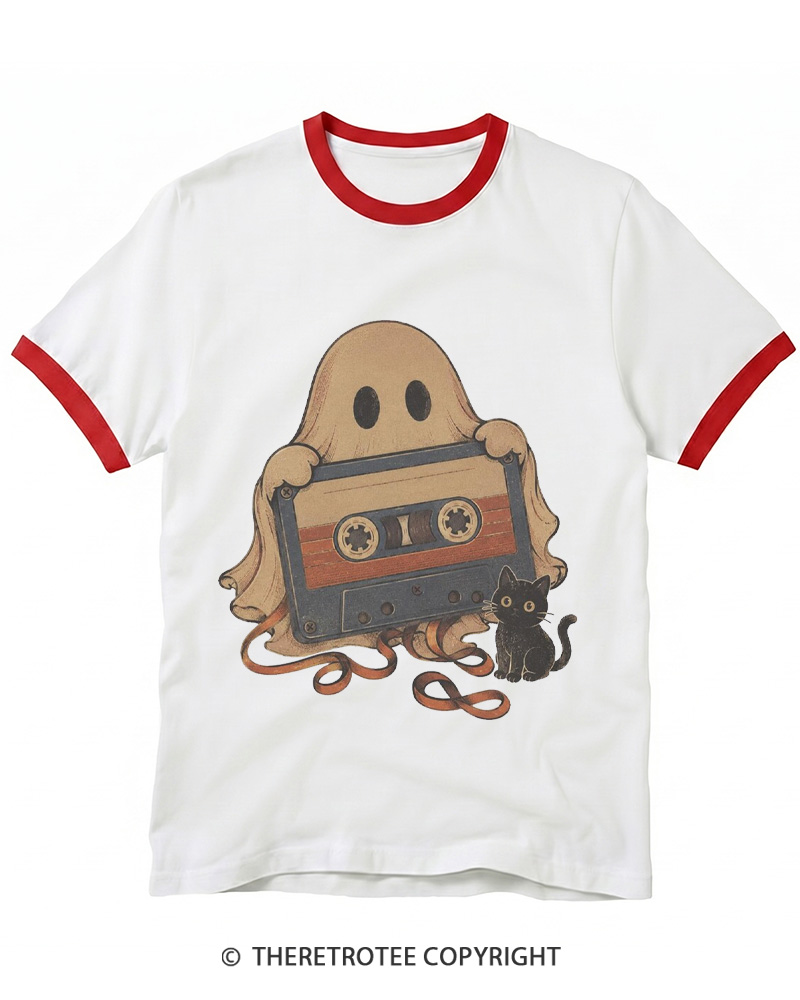 TheRetroTee Ghost Cassette Tape Halloween 1980s Ringer T-shirt