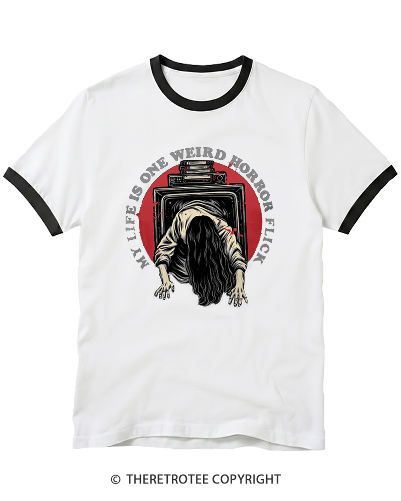 TheRetroTee My Life Is One Weird Horror Flick 1980s Ringer T-shirt