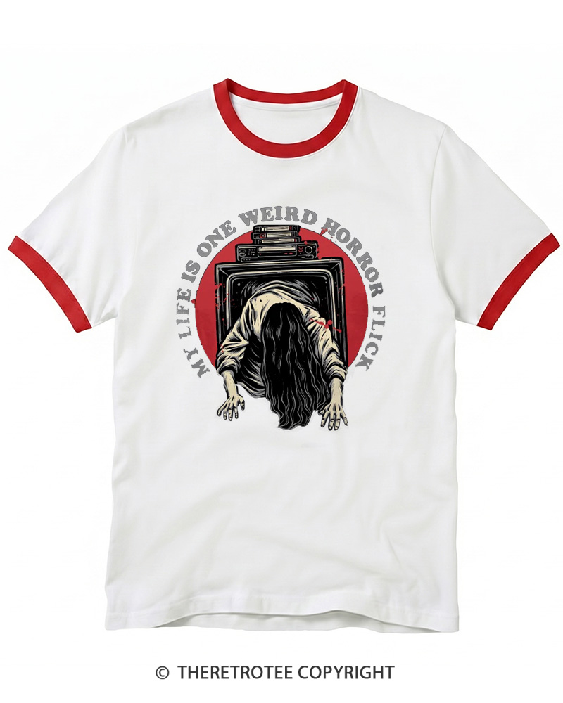 TheRetroTee My Life Is One Weird Horror Flick 1980s Ringer T-shirt