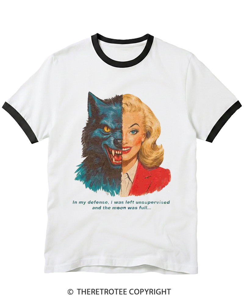 TheRetroTee I Was Left Unsupervised And The Moon Was Full 1950s Ringer T-shirt