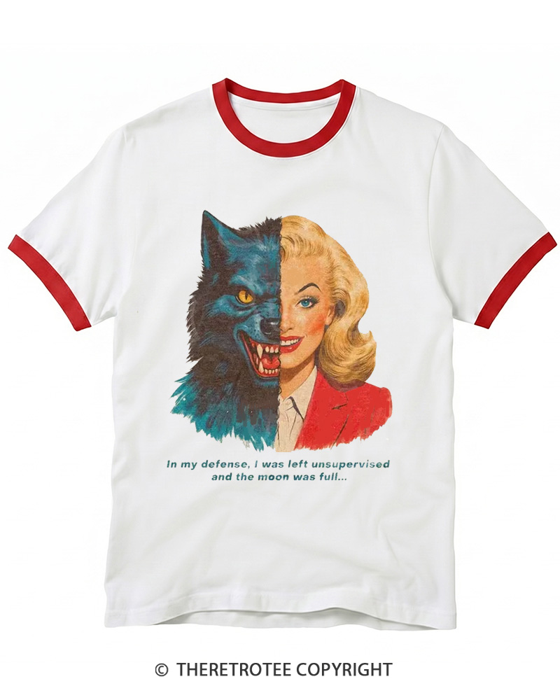 TheRetroTee I Was Left Unsupervised And The Moon Was Full 1950s Ringer T-shirt