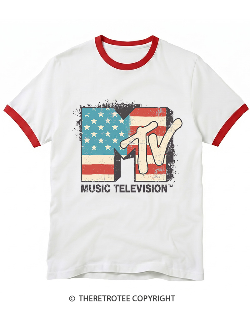 TheRetroTee American Flag Logo 1980s Ringer T-shirt