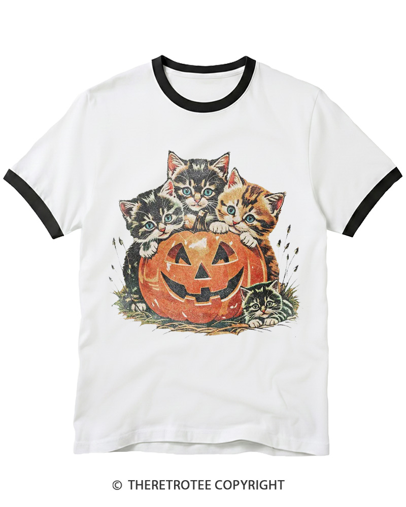 TheRetroTee Vintage Cat Halloween 1990s Ringer T-shirt