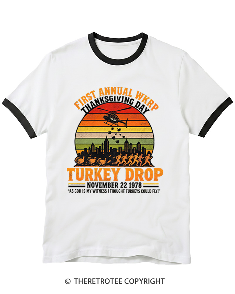 TheRetroTee First Annual WKRP Thanksgiving Day Turkey Drop 1970s Ringer T-shirt