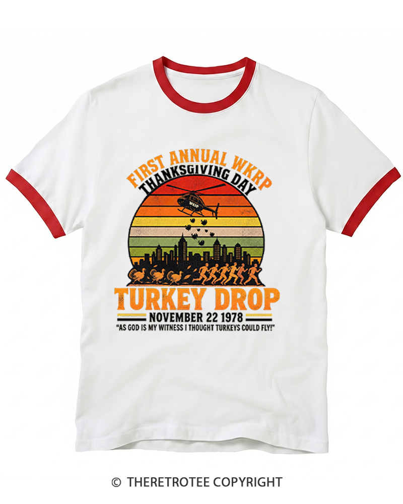 TheRetroTee First Annual WKRP Thanksgiving Day Turkey Drop 1970s Ringer T-shirt