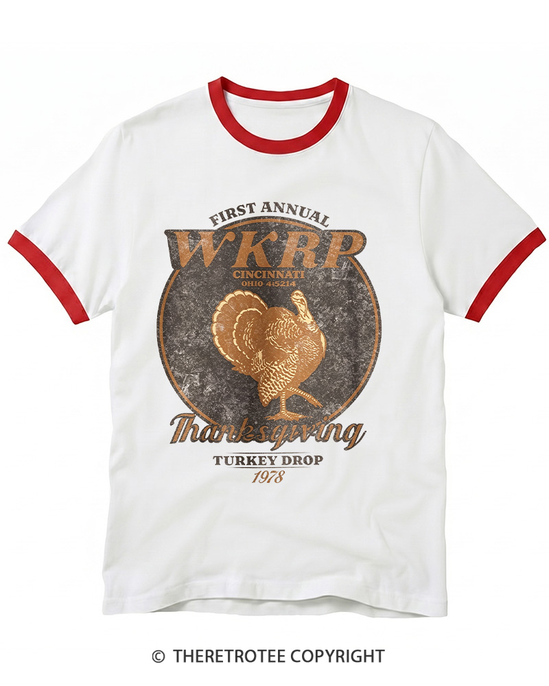TheRetroTee First Annual WKRP Thanksgiving Turkey Drop 1970s Ringer T-shirt