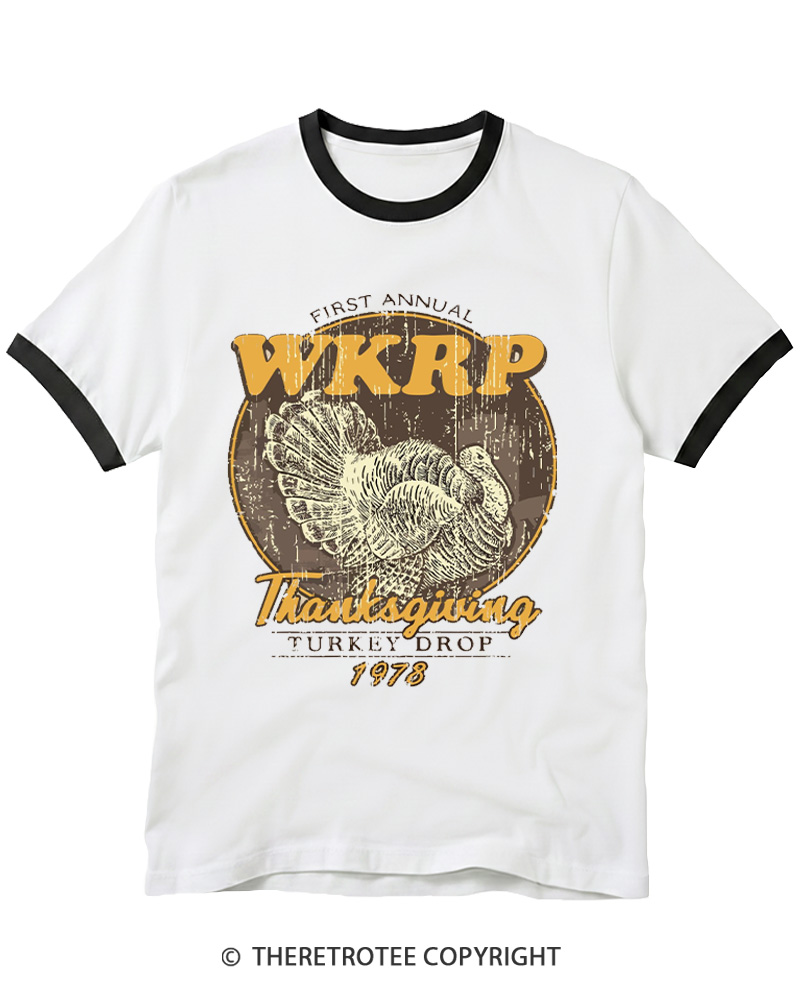 TheRetroTee First Annual WKRP Thanksgiving Turkey Drop 1980s Ringer T-shirt