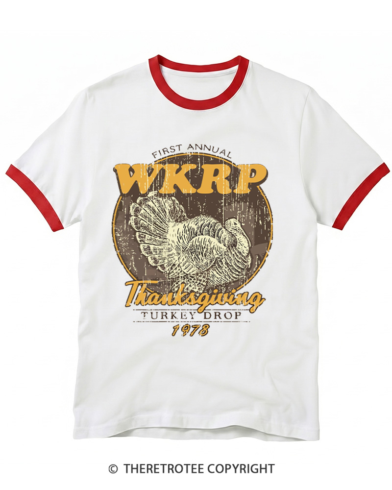 TheRetroTee First Annual WKRP Thanksgiving Turkey Drop 1980s Ringer T-shirt