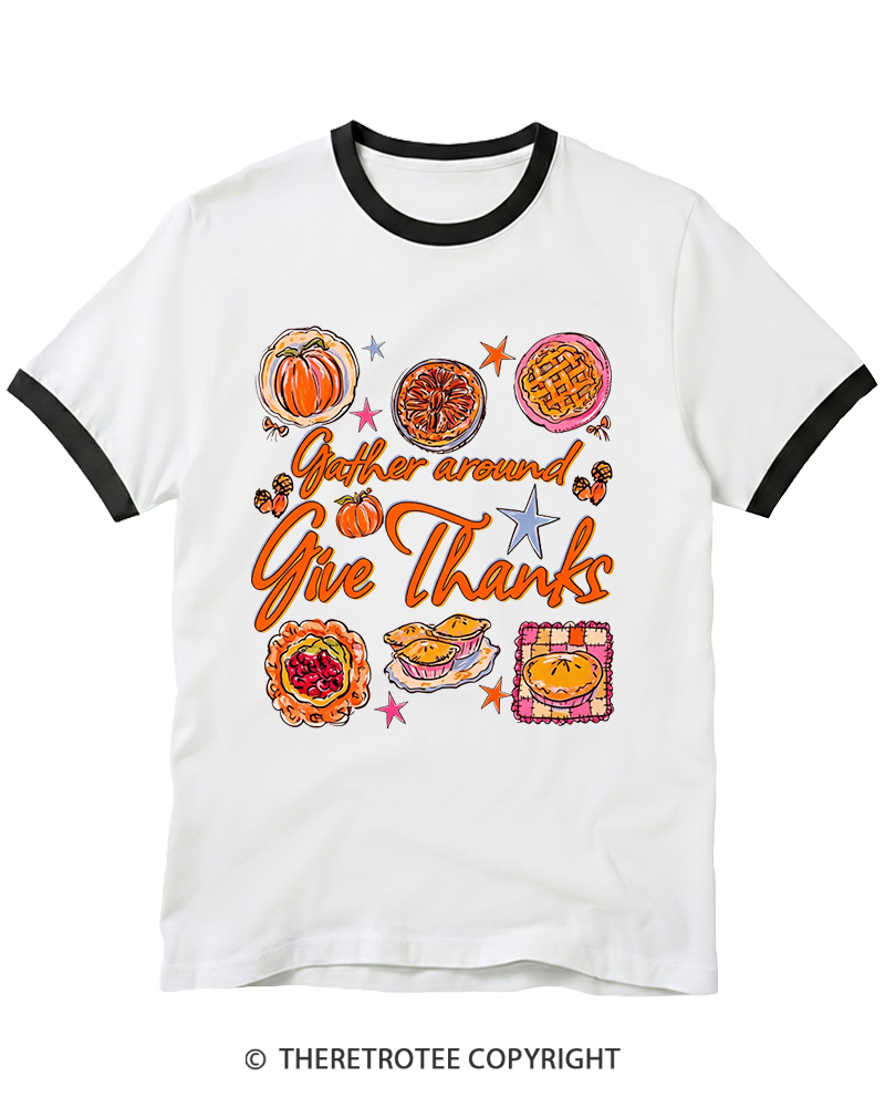 TheRetroTee Gather Around Give Thanks 1970s Ringer T-shirt
