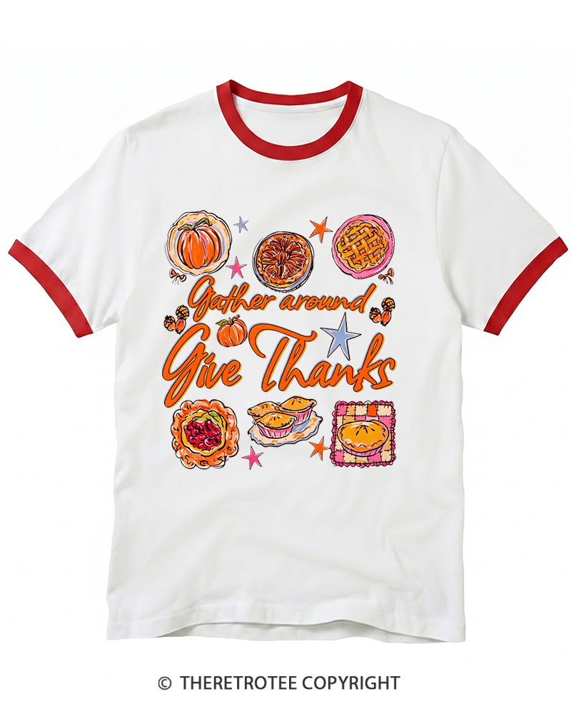 TheRetroTee Gather Around Give Thanks 1970s Ringer T-shirt