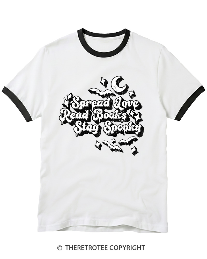 TheRetroTee Spread Love, Read Books, Stay Spooky 1970s Ringer T-shirt