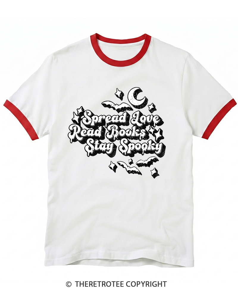 TheRetroTee Spread Love, Read Books, Stay Spooky 1970s Ringer T-shirt