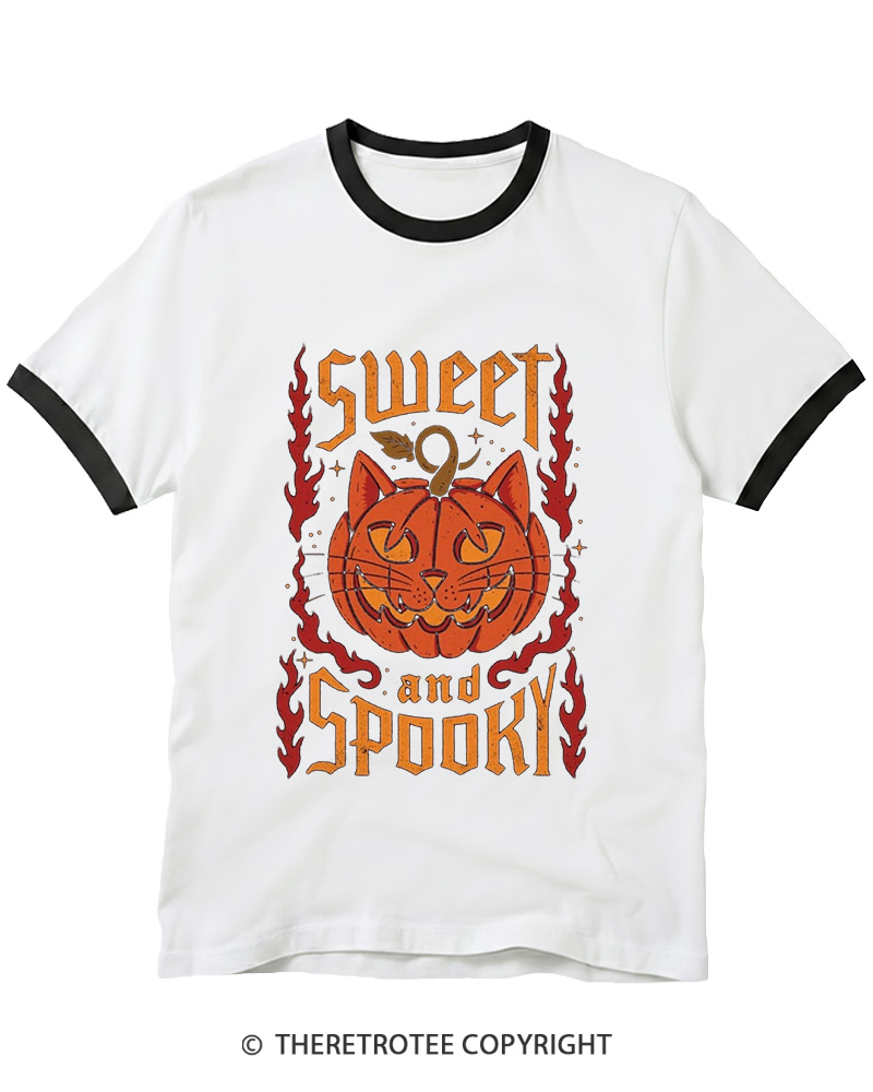 TheRetroTee Cute Ghost Pumpkin 1990s Ringer T-shirt