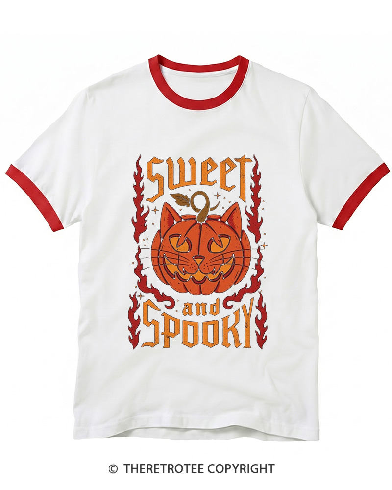 TheRetroTee Cute Ghost Pumpkin 1990s Ringer T-shirt