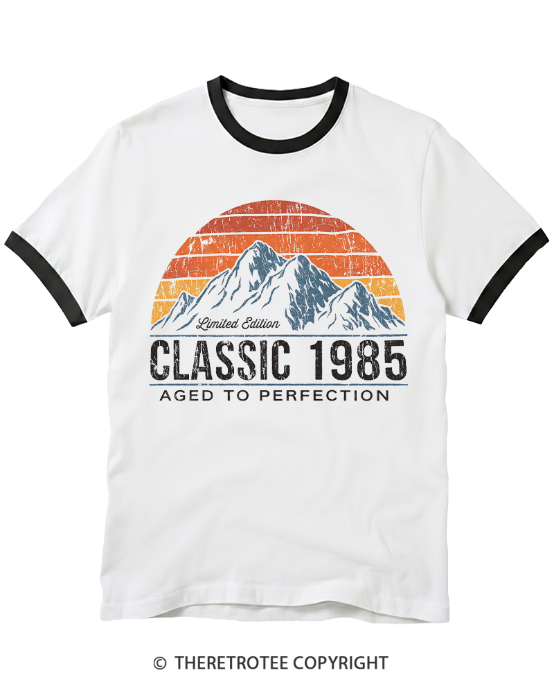 TheRetroTee 1985 Classic Mountain & Sunset Personalized Ringer T-shirt