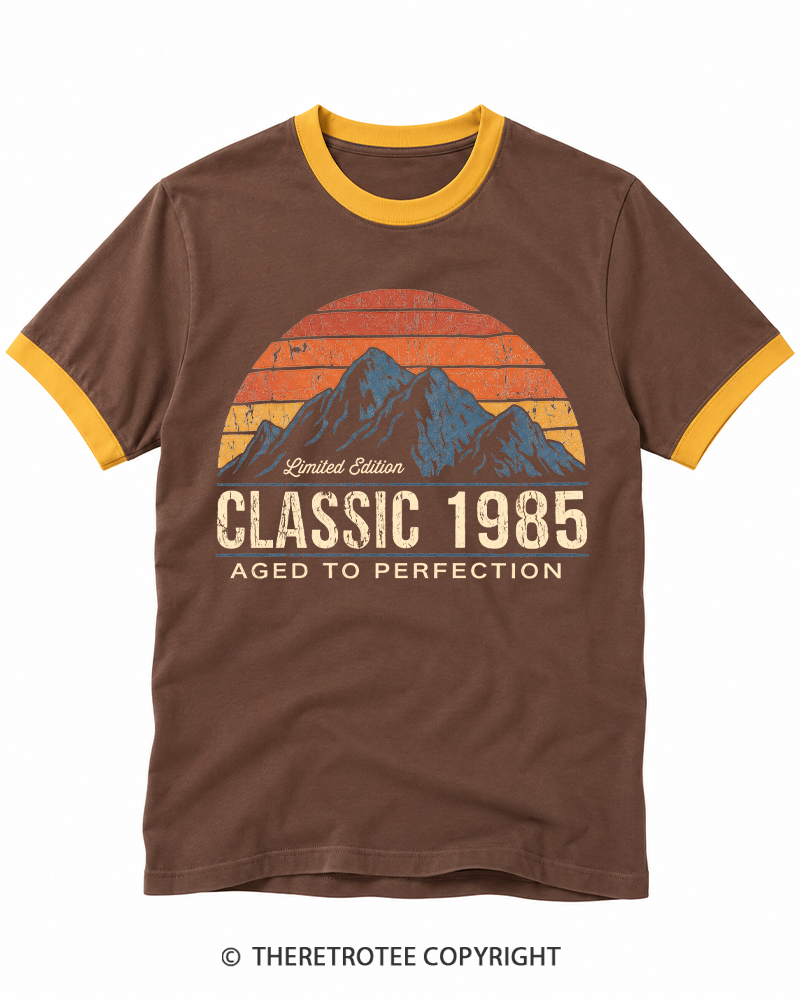 TheRetroTee 1985 Classic Mountain & Sunset Personalized Ringer T-shirt