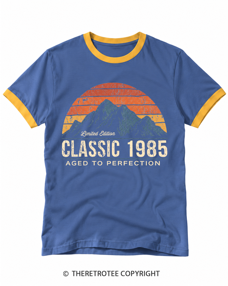 TheRetroTee 1985 Classic Mountain & Sunset Personalized Ringer T-shirt