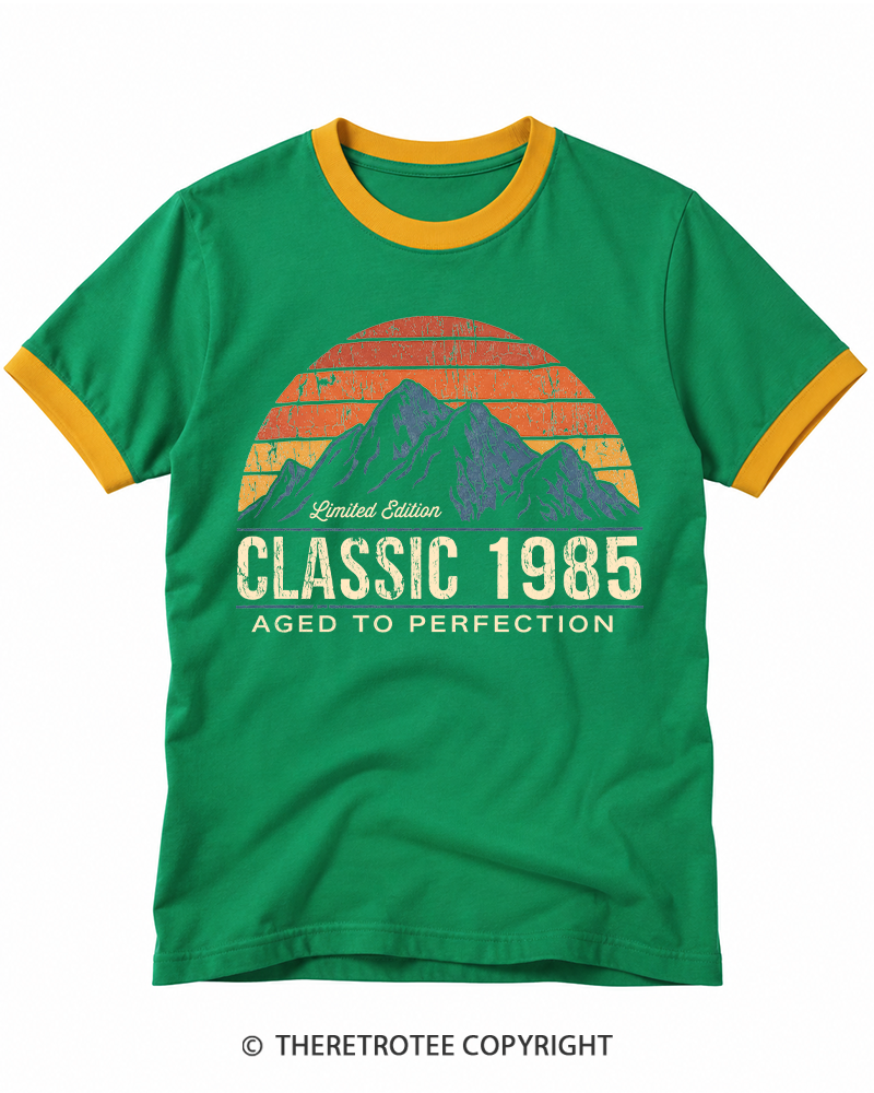 TheRetroTee 1985 Classic Mountain & Sunset Personalized Ringer T-shirt