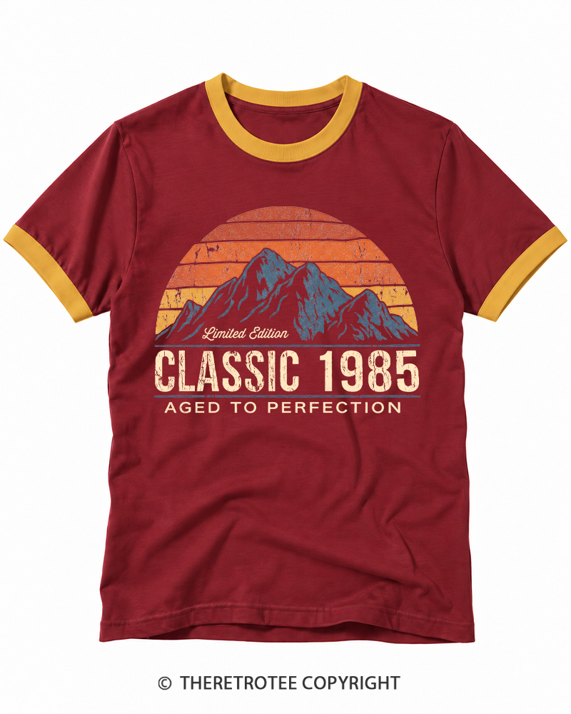TheRetroTee 1985 Classic Mountain & Sunset Personalized Ringer T-shirt