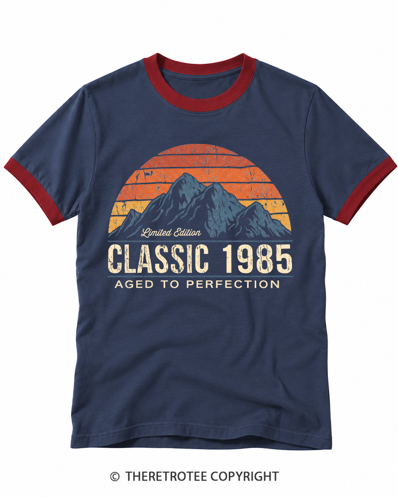 TheRetroTee 1985 Classic Mountain & Sunset Personalized Ringer T-shirt