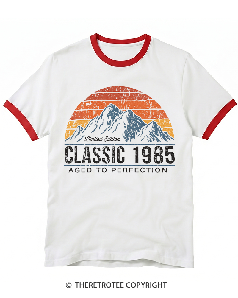 TheRetroTee 1985 Classic Mountain & Sunset Personalized Ringer T-shirt