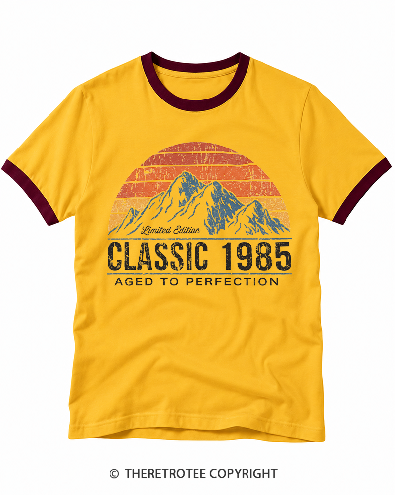 TheRetroTee 1985 Classic Mountain & Sunset Personalized Ringer T-shirt