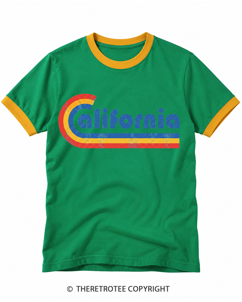 TheRetroTee Happy California Holiday Vintage Graphic Ringer T-shirt
