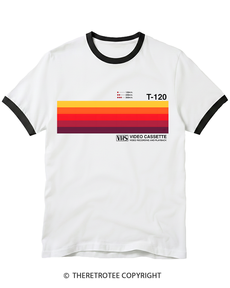TheRetroTee Sunset Video Cassette VHS 1980s Ringer T-shirt
