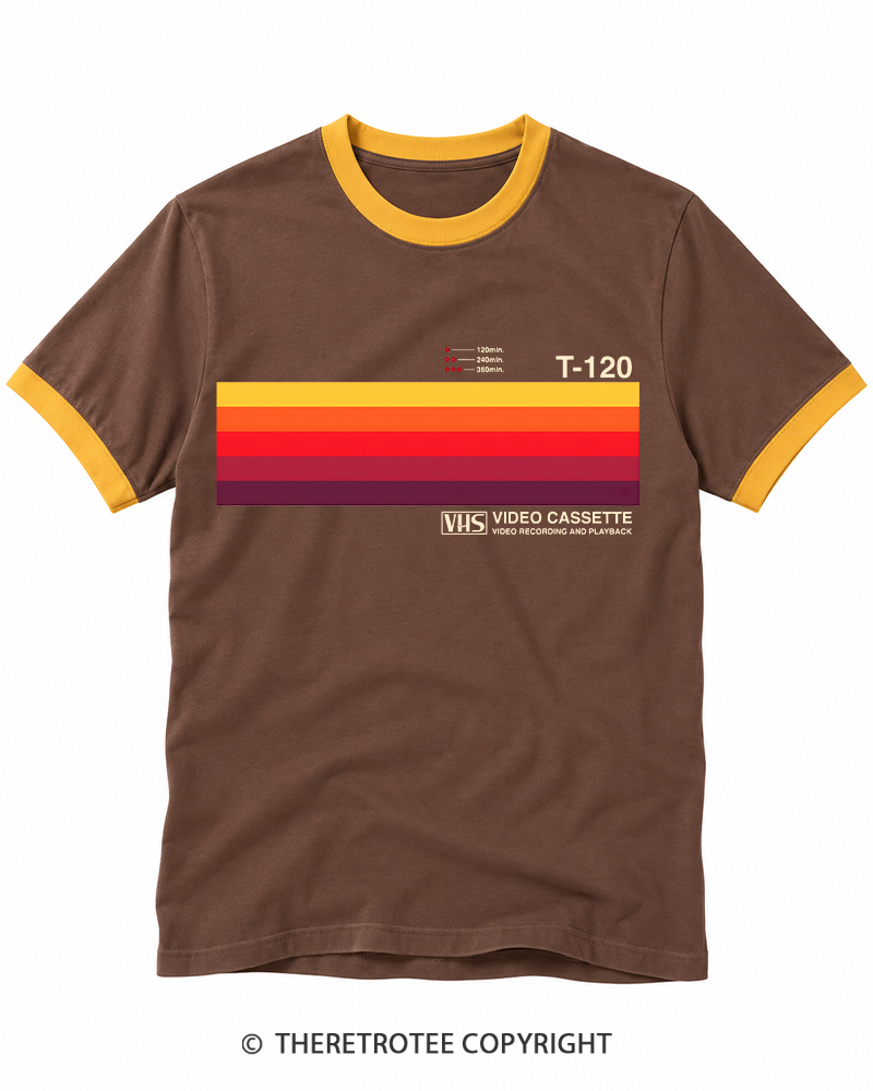 TheRetroTee Sunset Video Cassette VHS 1980s Ringer T-shirt