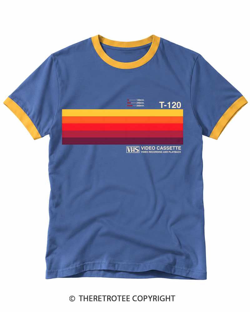 TheRetroTee Sunset Video Cassette VHS 1980s Ringer T-shirt