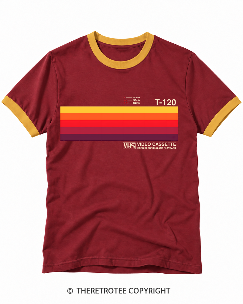 TheRetroTee Sunset Video Cassette VHS 1980s Ringer T-shirt