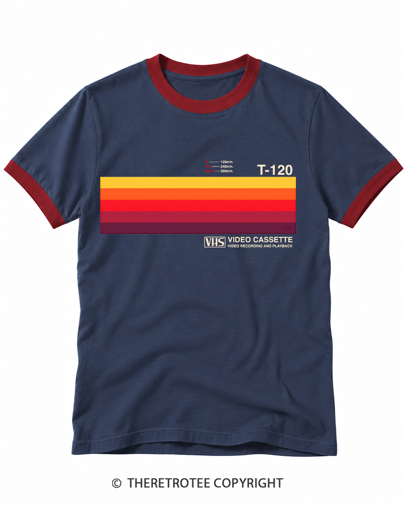 TheRetroTee Sunset Video Cassette VHS 1980s Ringer T-shirt