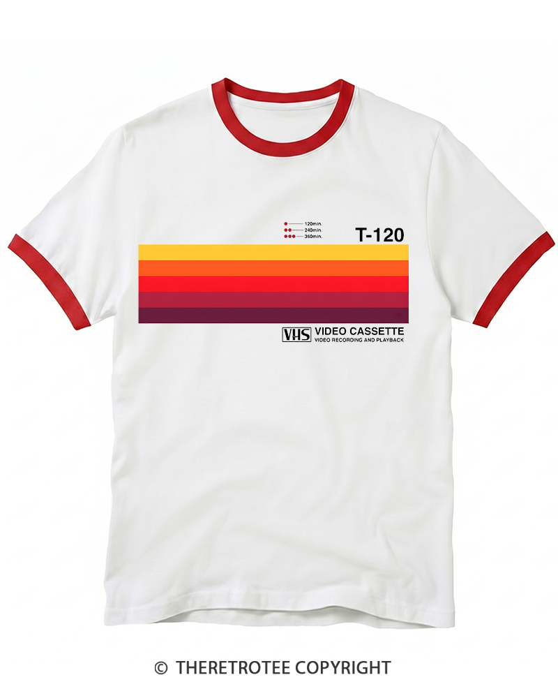 TheRetroTee Sunset Video Cassette VHS 1980s Ringer T-shirt